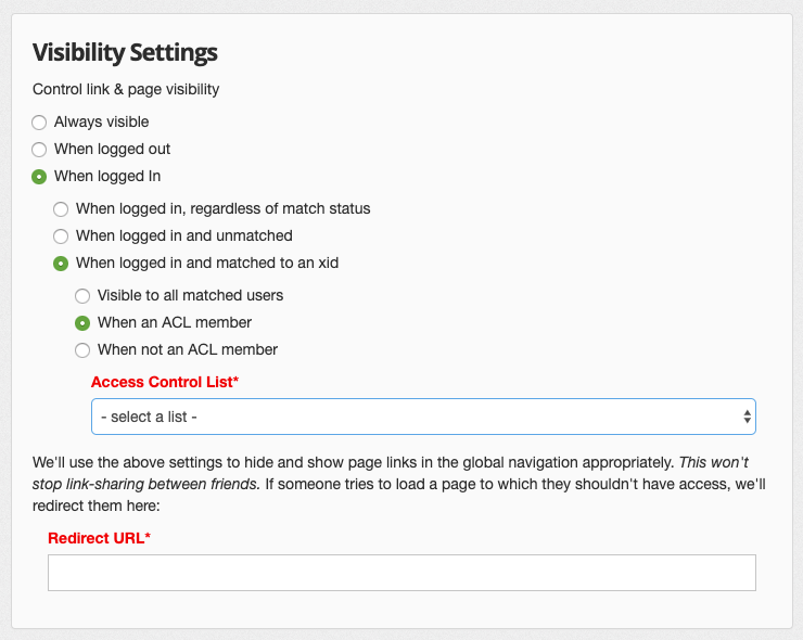 Screen shot of page visibility settings, illustrating the options described below