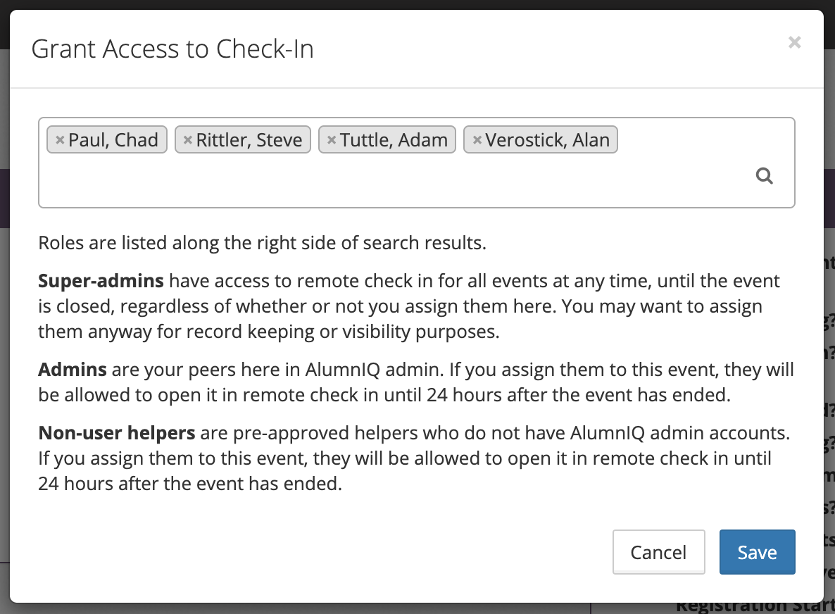 The Check-in Access Dialog
