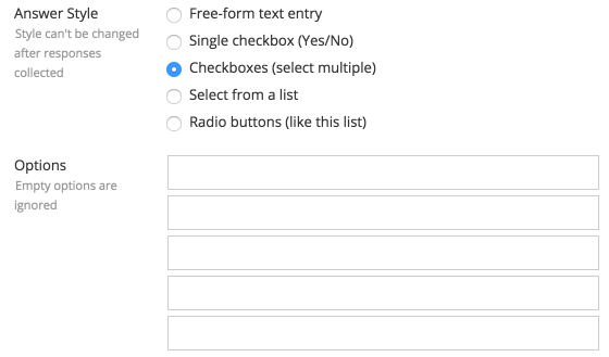 Screen shot of survey questions modal with options