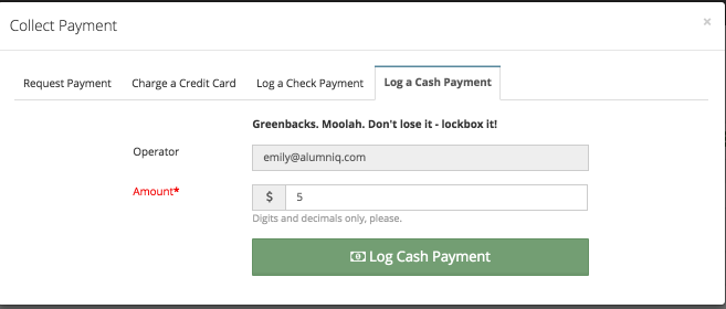 Screen shot of cash payment form.