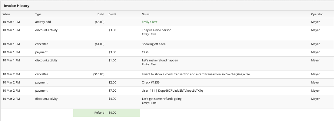 Screen shot of invoice history.