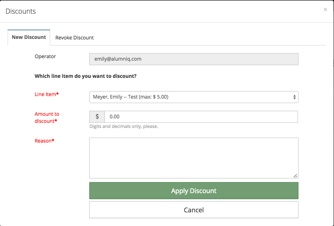 Screen shot of discount modal.