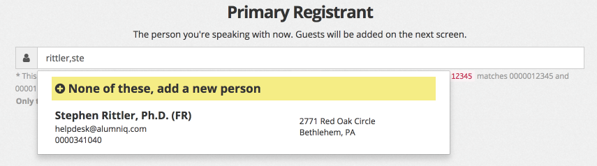 Search for a constituent to create a new registration