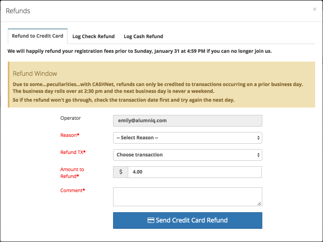 Screen shot of credit card refund modal.