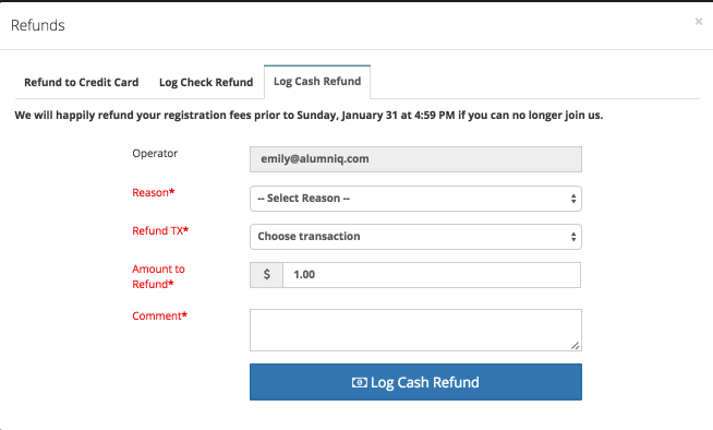 Screen shot of cash refund modal.