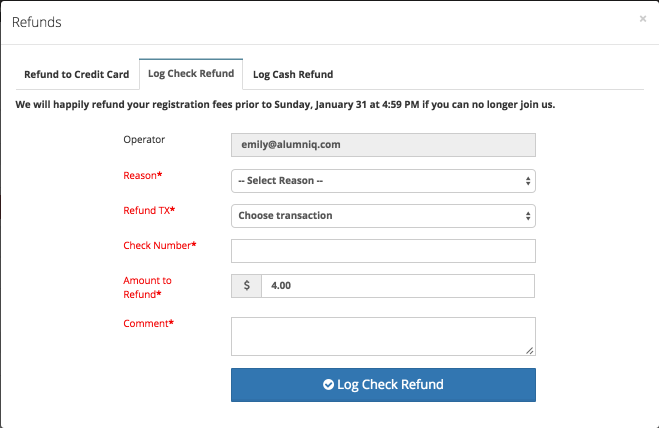 Screen shot of check refund modal.