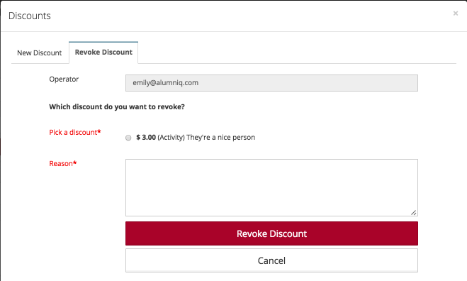 Screen shot of revoke discount modal.