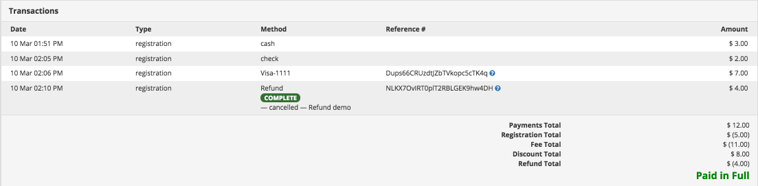 Screen shot of transactions section.