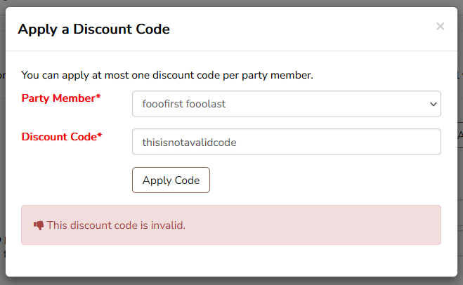 invalid code