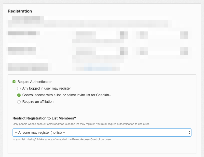 Screen shot of the section in Event Setup where you may require authentication, and then subsequently choose to control access with a list.