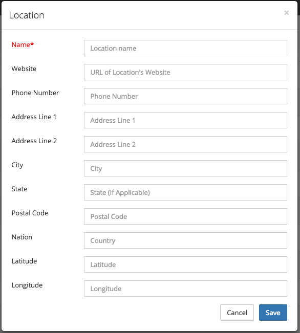 Screen shot of new location form.
