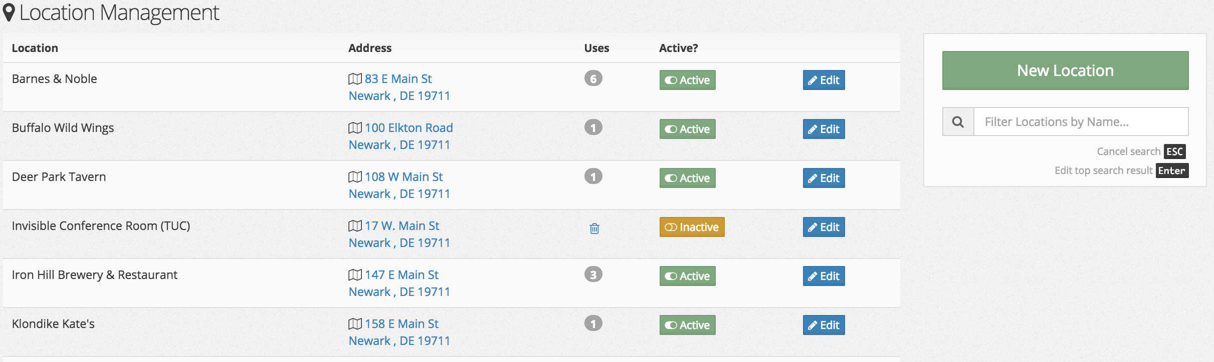 Screen shot of location list.