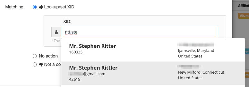 Screen shot of AlumnIQ interface showing a cropped portion of the find a match window after a search term has been entered into the search box. The search term is 'ritt,ste' and the search results include two different people with the name Stephen Rittler, with different addresses and email addresses.