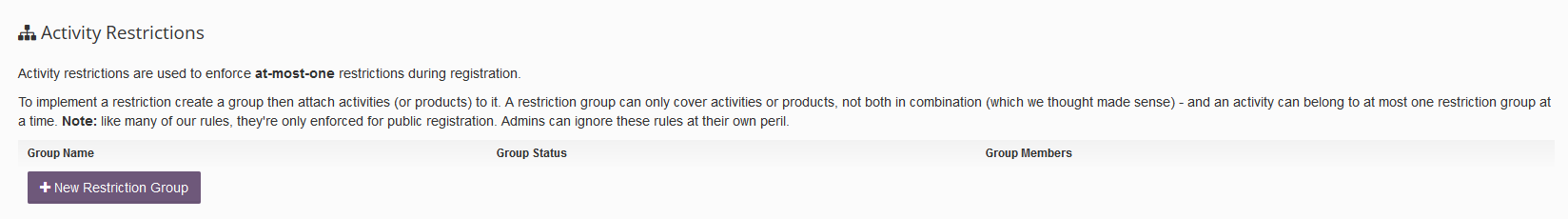 list of configured restriction groups 