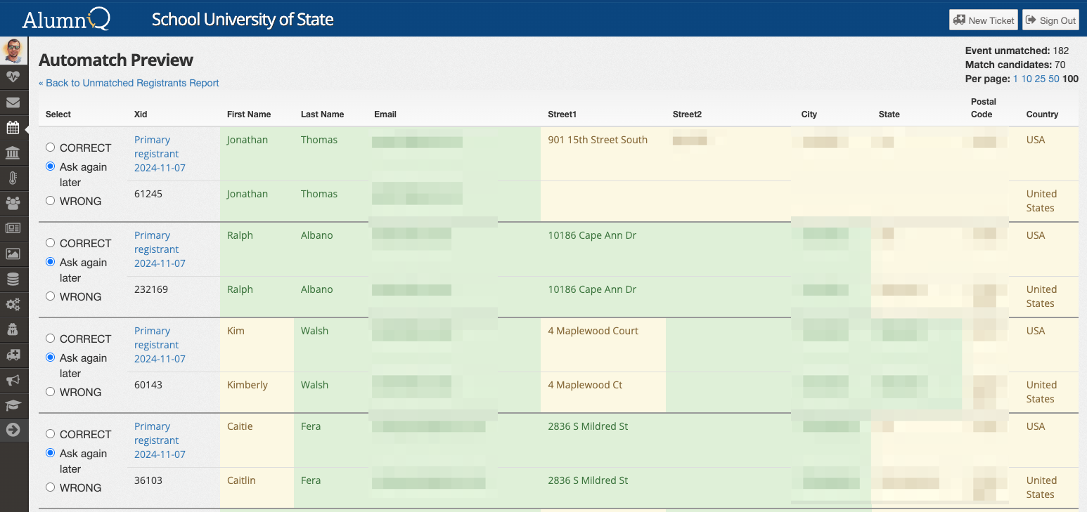 Screen shot of the Automatch Preview screen in AlumnIQ. A table takes up most of the view, with columns labeled Select, Xid, First Name, Last Name, Email, Street1, Street2, City, State, Postal Code, and Country. Private details are blurred out, but we can see a variety of suggested matches showing green blocks where name and addresses match between the warehouse and the event registration, and yellow blocks where something about the compared values is different. The first column shows a set of 3 radio buttons shared for each pair of rows, with the options, CORRECT, Ask again later, and WRONG. Ask again later is selected by default for all match suggestions. In the upper-right of the screen, a small block says: Event unmatched: 182, Match candidates: 70. Per page: 1, 10, 25, 50, 100.