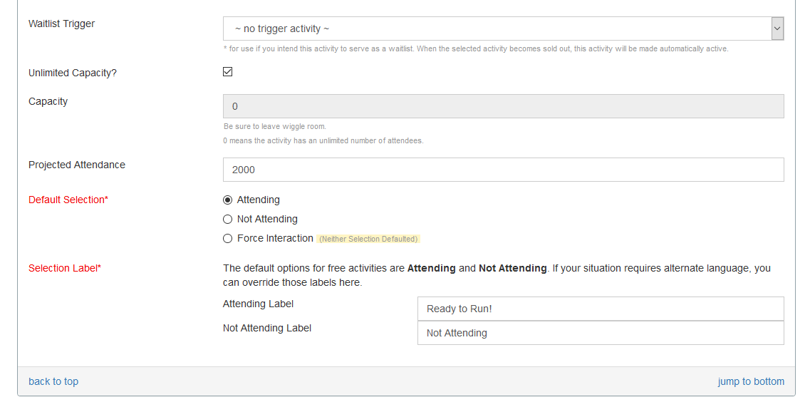 Screen shot of activity configuration
