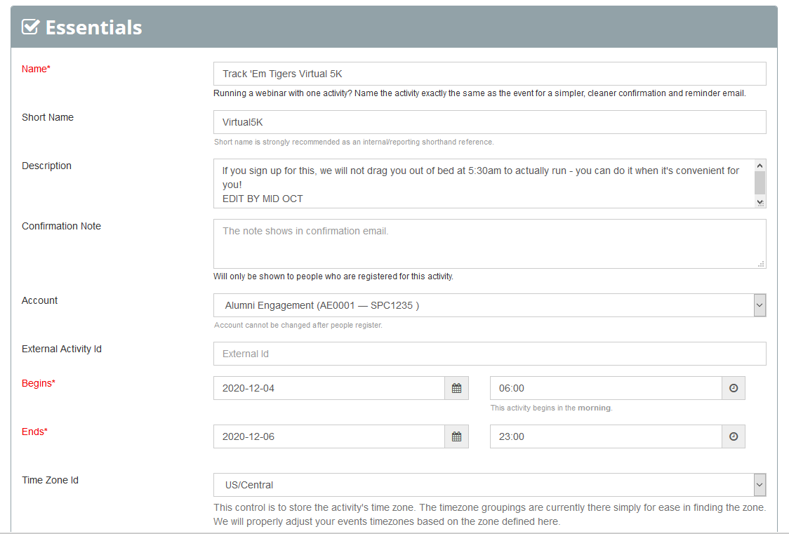 Screen shot of activity configuration