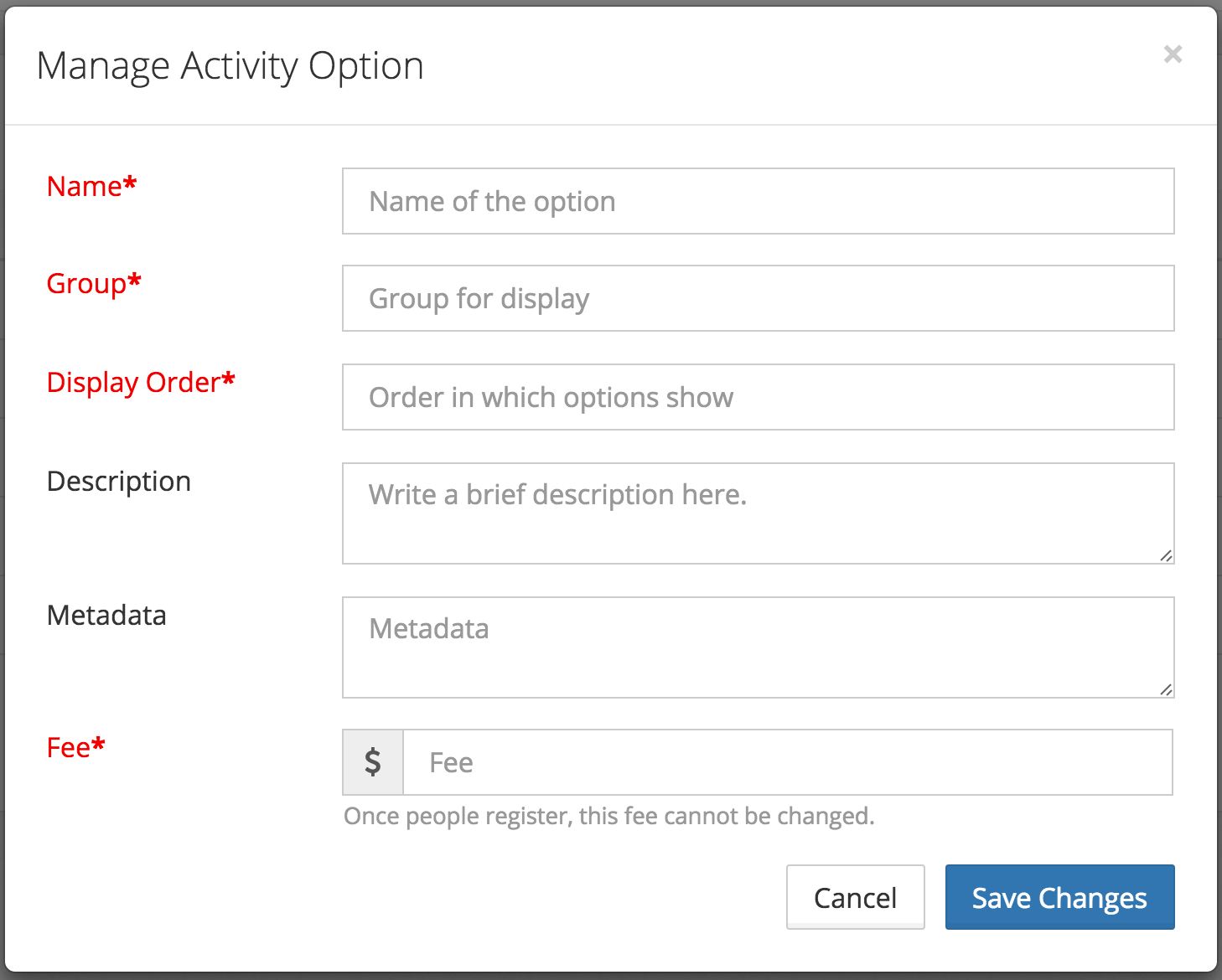 Screen shot of option modal