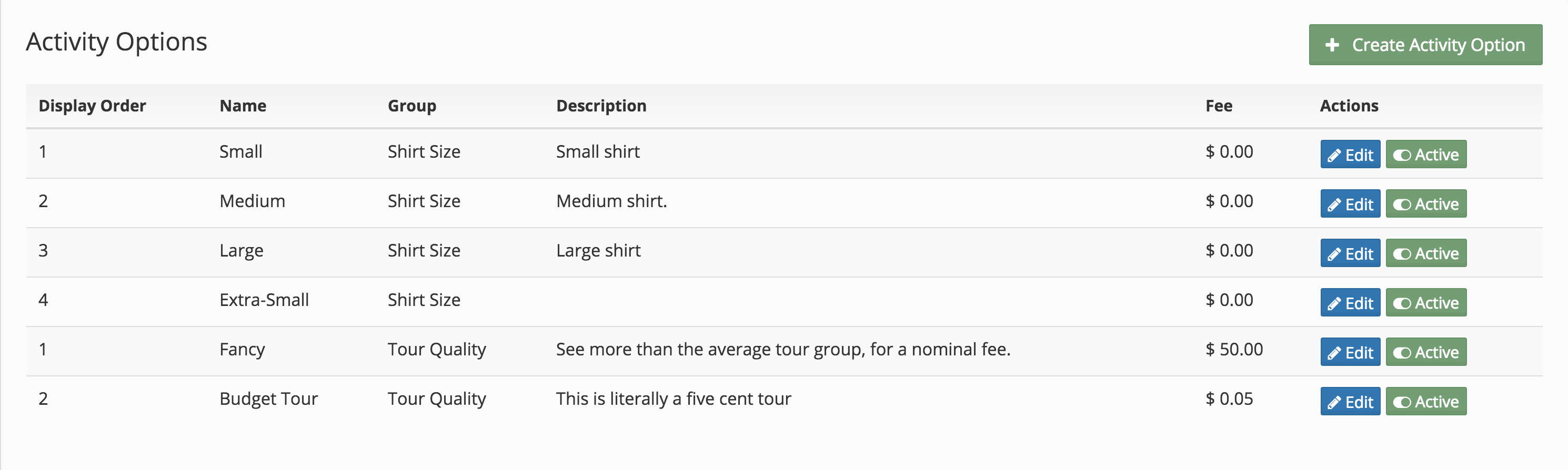 Screen shot of options section