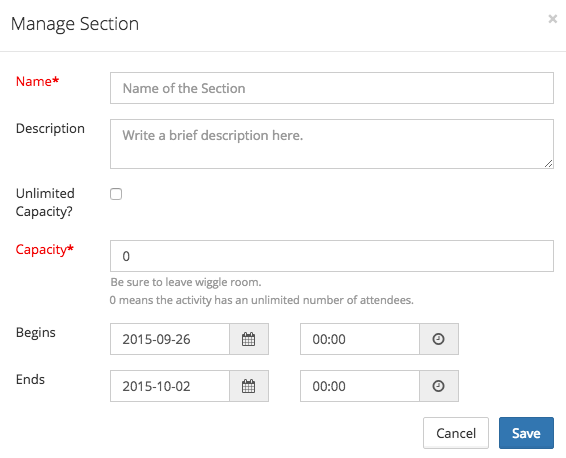 Screen shot of section modal