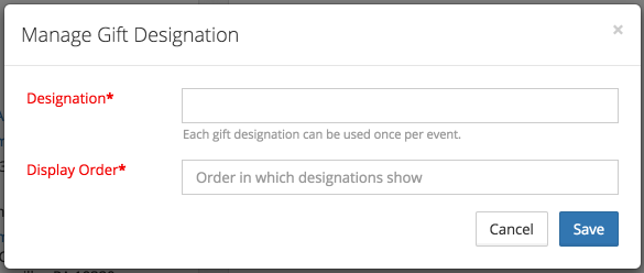 Screen shot of gift designation modal