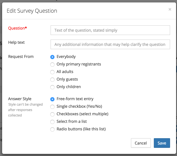 Screen shot of survey questions modal