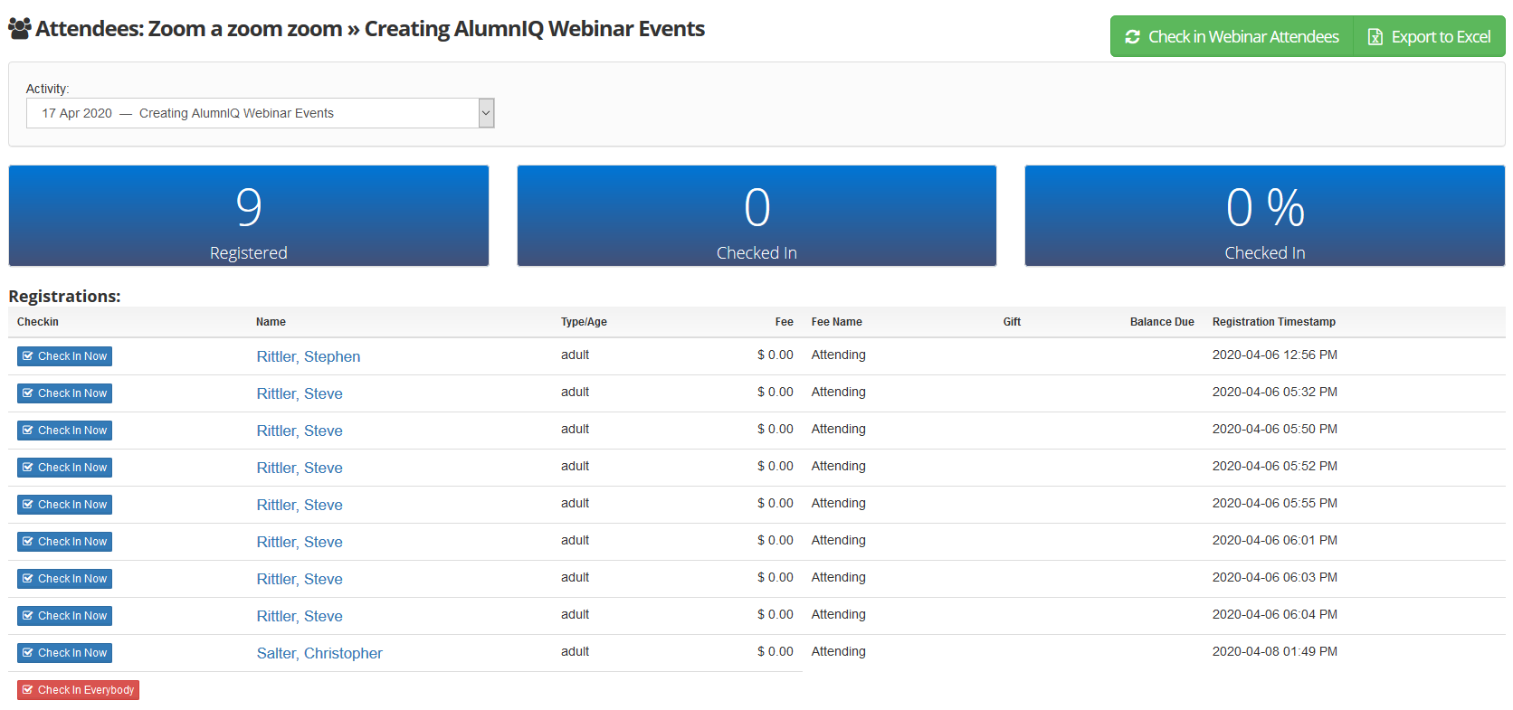 check in webinar attendees