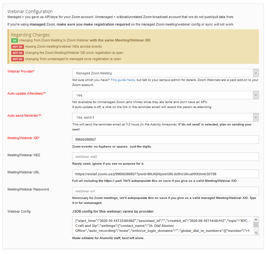 Screen shot of activity webinar configuration