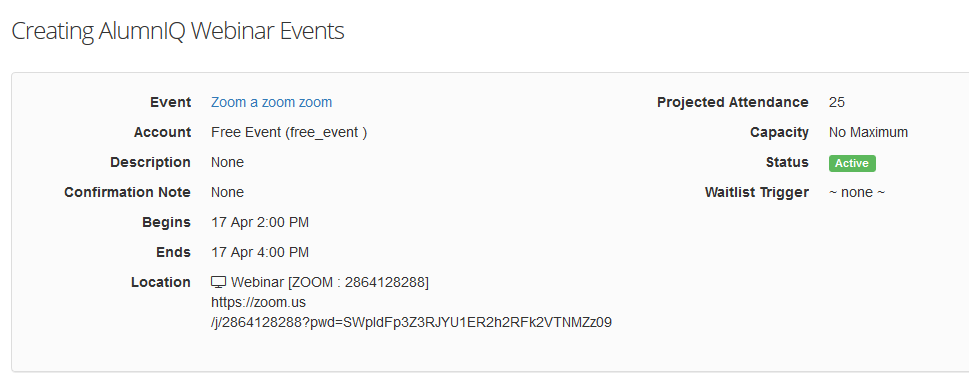 Screen shot of webinar details on activity view screen