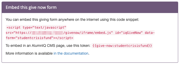 Screen shot of give now embed code snippets
