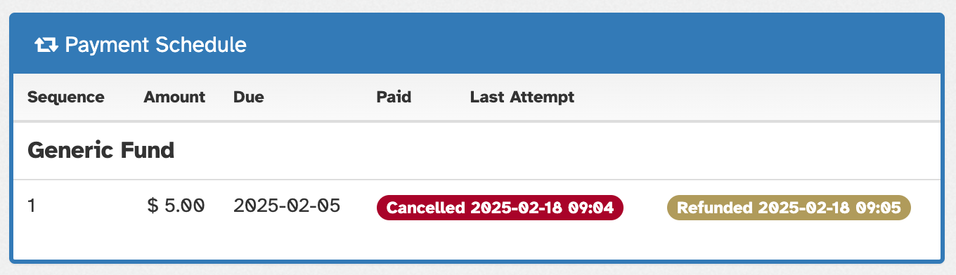 Screen shot of a gift’s payment schedule, showing badges with timestamps for cancellation and refunded
