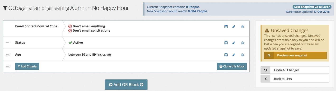 A list whose criteria have been modified and not yet saved shows a 'Preview new snapshot' button, as well as a count of the number of constituents that will match all of the given criteria