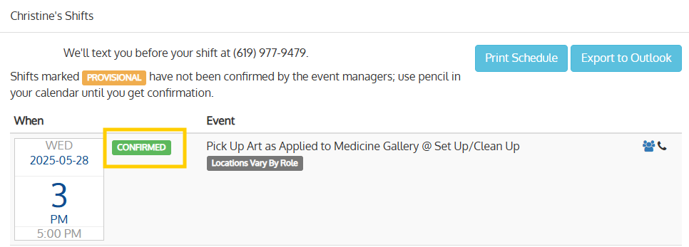 confirmed status for shift