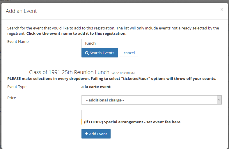 Selecting the event's price and options