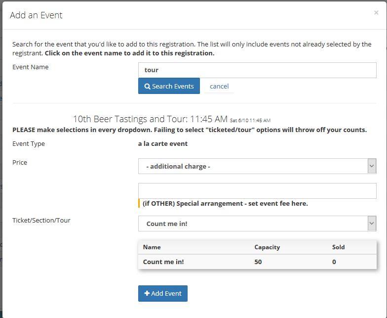 Adding an event with a tour/cap