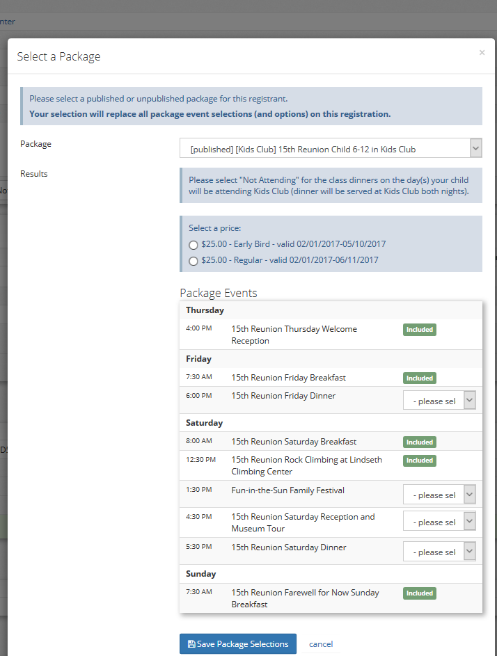 Package event options