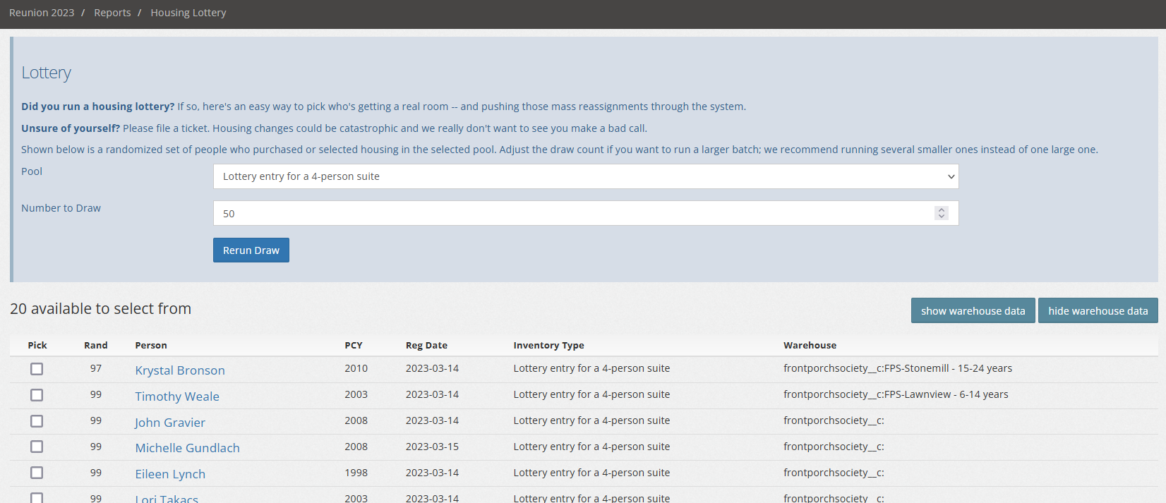 Screen shot of the lottery draft report