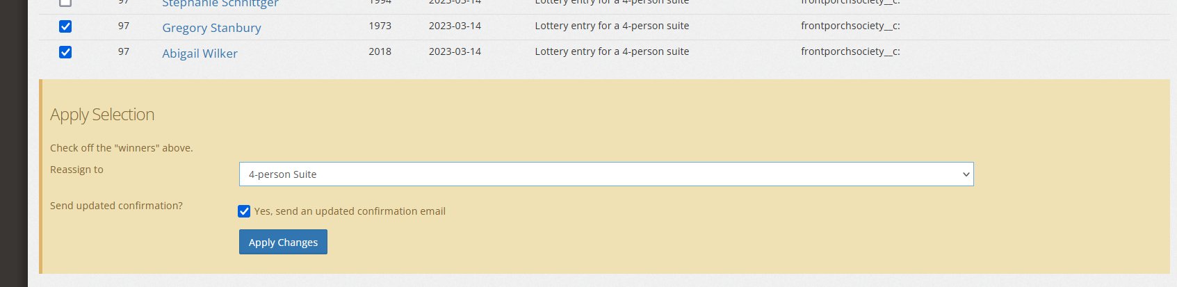 Screen shot of executing the lottery move