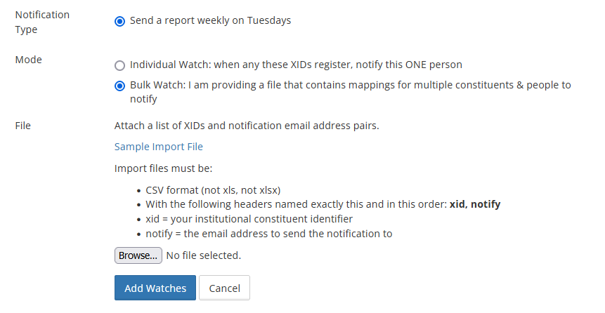 uploading bulk xid+notification mappings