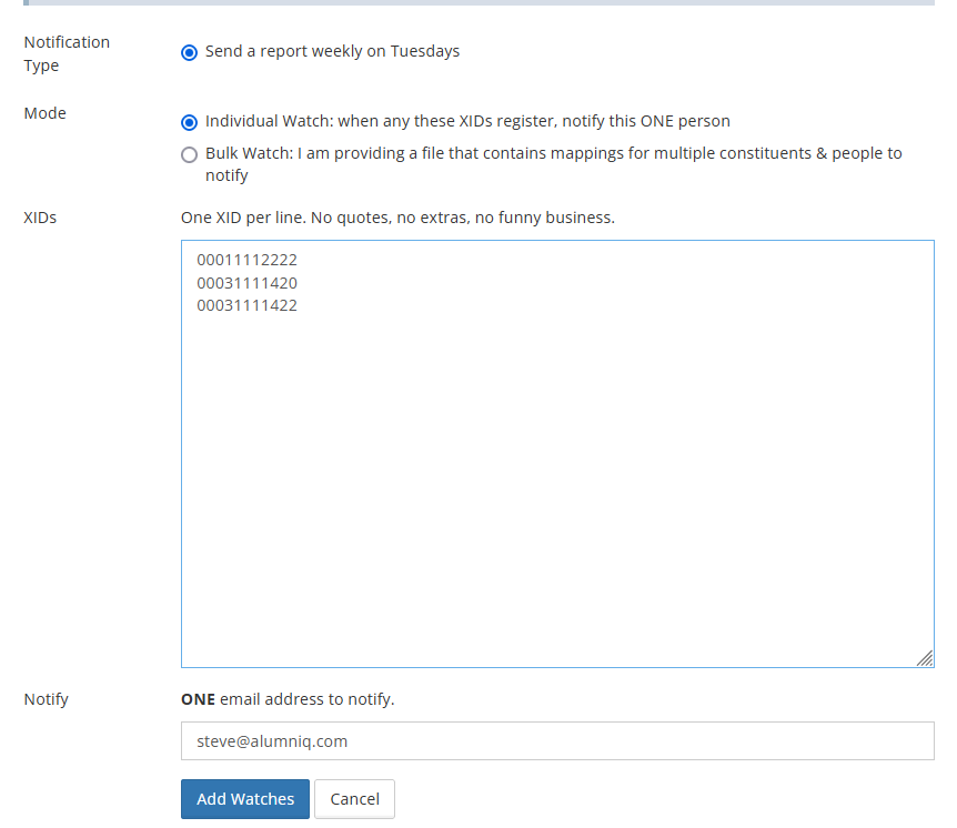 adding an individual notification recipient for multiple xids