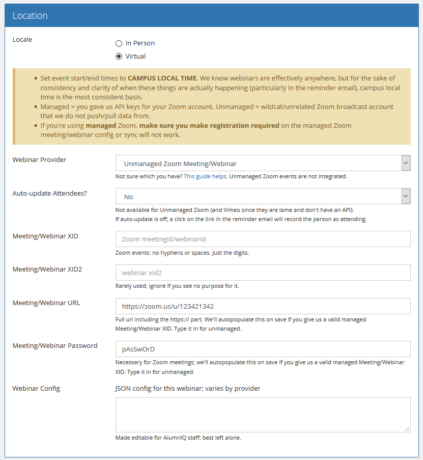 Screen shot of event webinar configuration