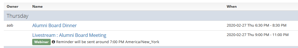 Screen shot of webinar details on event list screen
