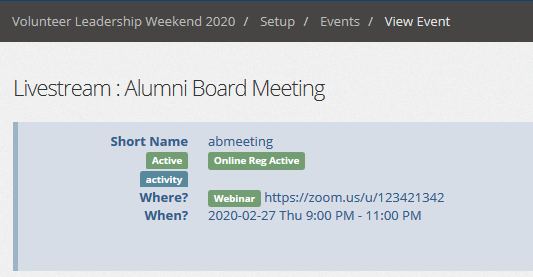 Screen shot of webinar details on event view screen