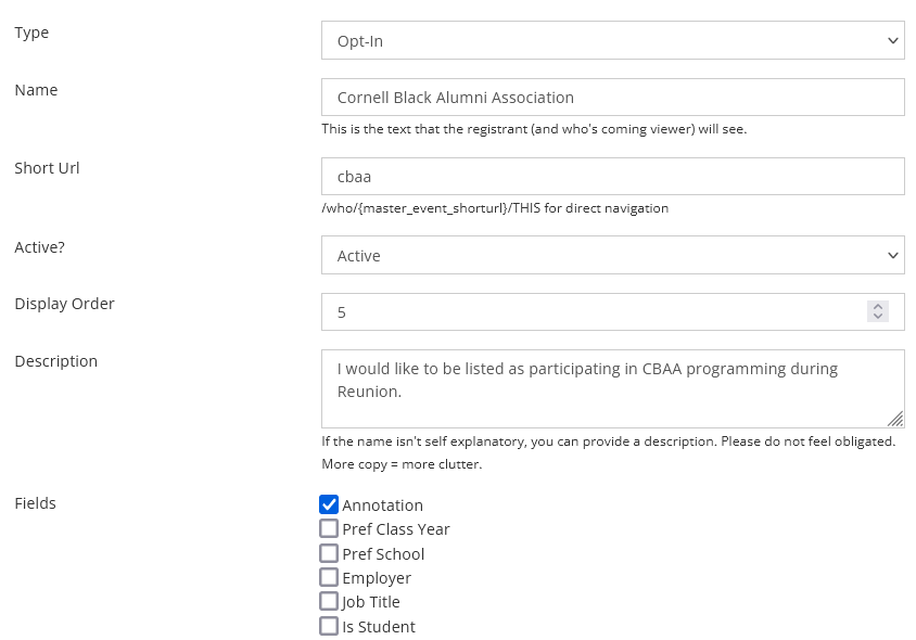 setup for an opt-in facet in the admin console