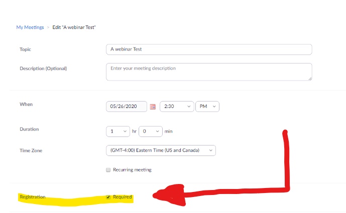 where to require registration within Zoom