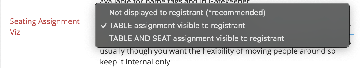 seating assignment viz setting on the event