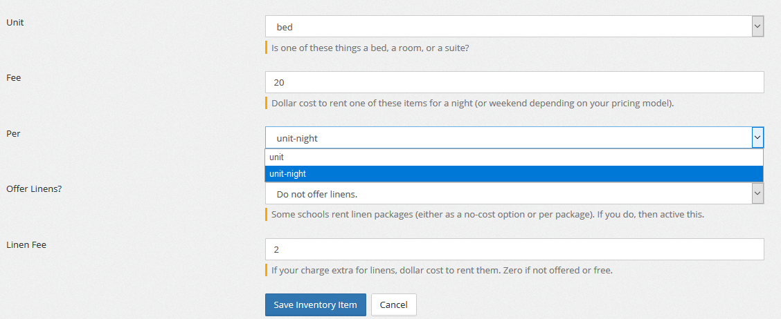 Screen shot of relevant fee configurations for housing inventory item