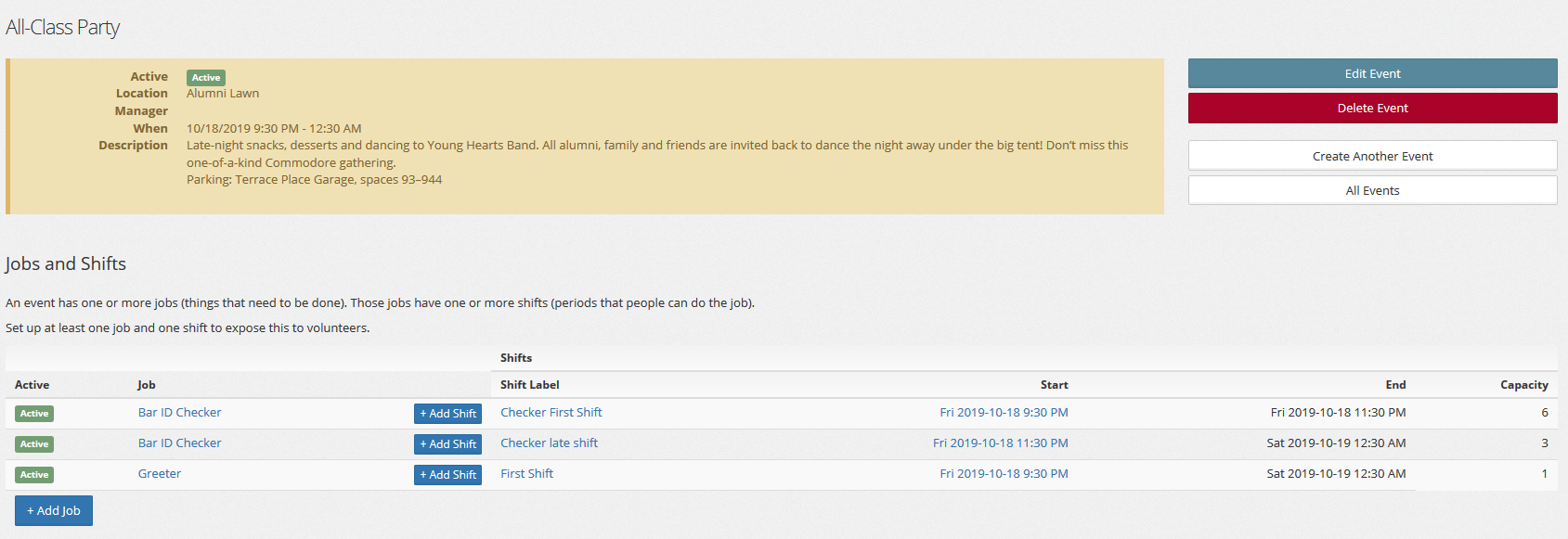 staff overview of event config
